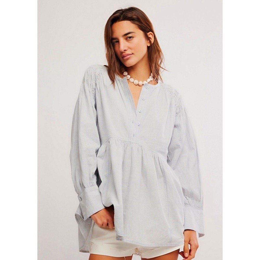 Free People Alana Linen Tunic Top M Blue Stripe Babydoll Balloon Sleeve Boho